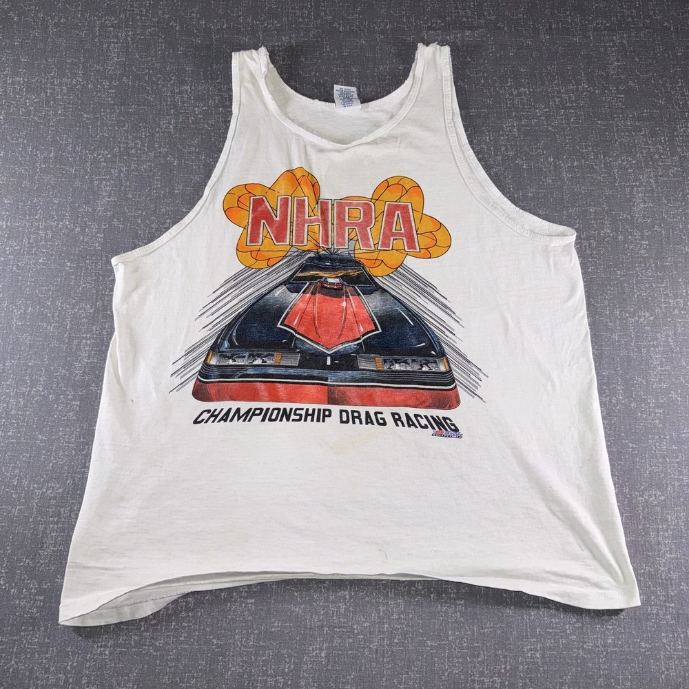 Vintage Sport Service NHRA Tank Top Mens XL White Drag Racing Graphic Shirt USA